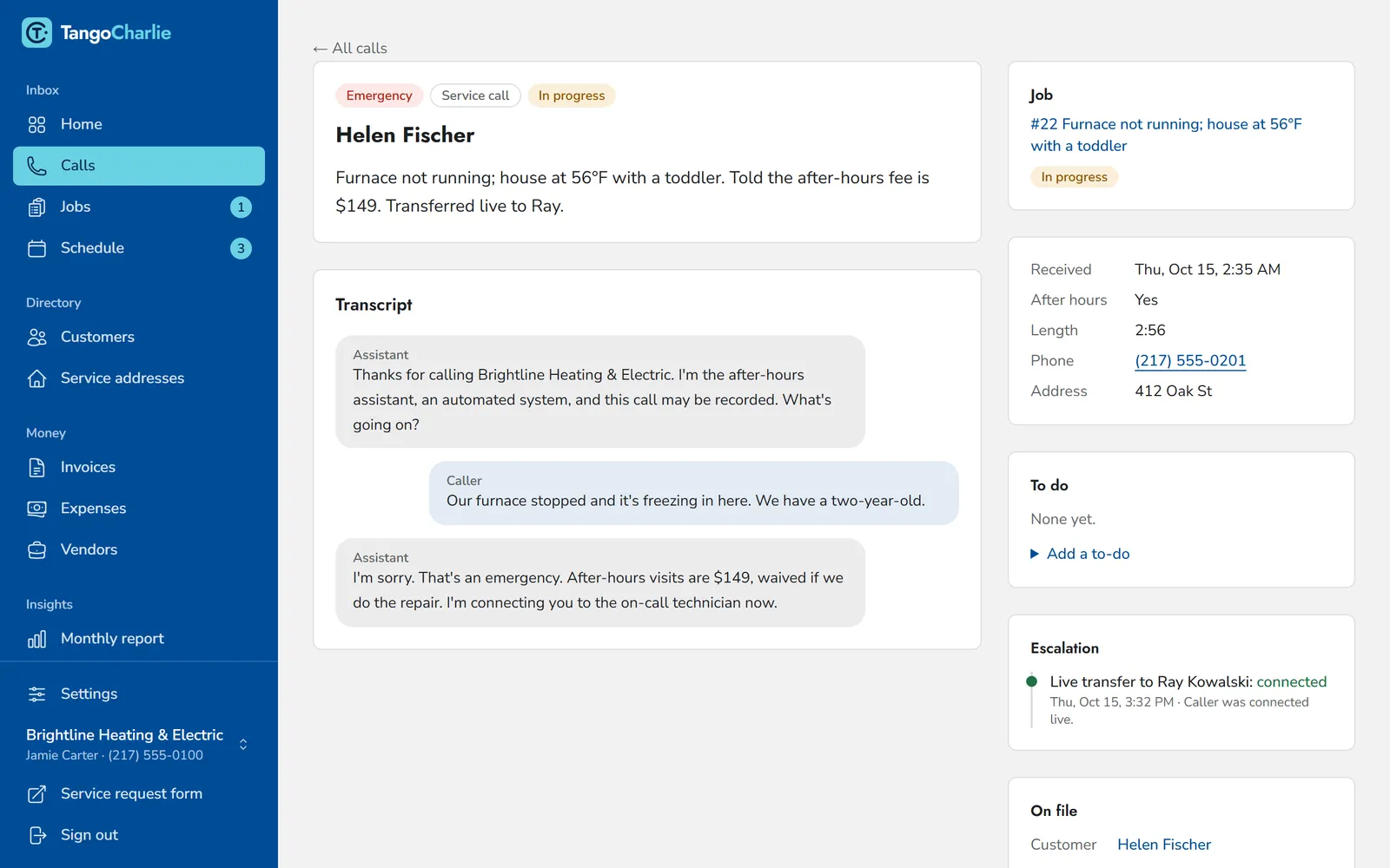 A call page: a no-heat emergency with its summary, transcript, and a live transfer marked connected.