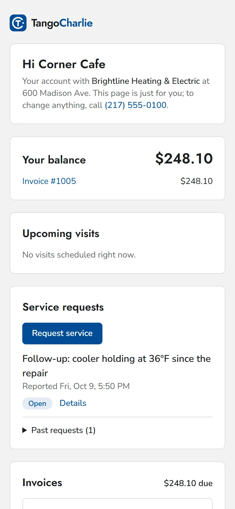 A customer's phone showing their balance, upcoming visits, and service requests.