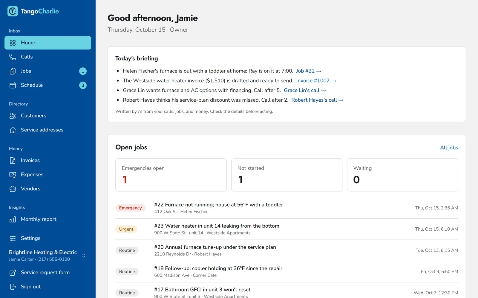 The Home page: today's briefing with links, and the open jobs list.
