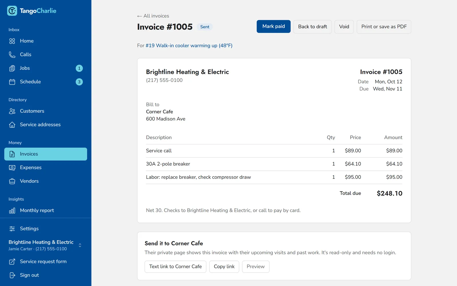 An invoice for a service call, with buttons to text the link to the customer.