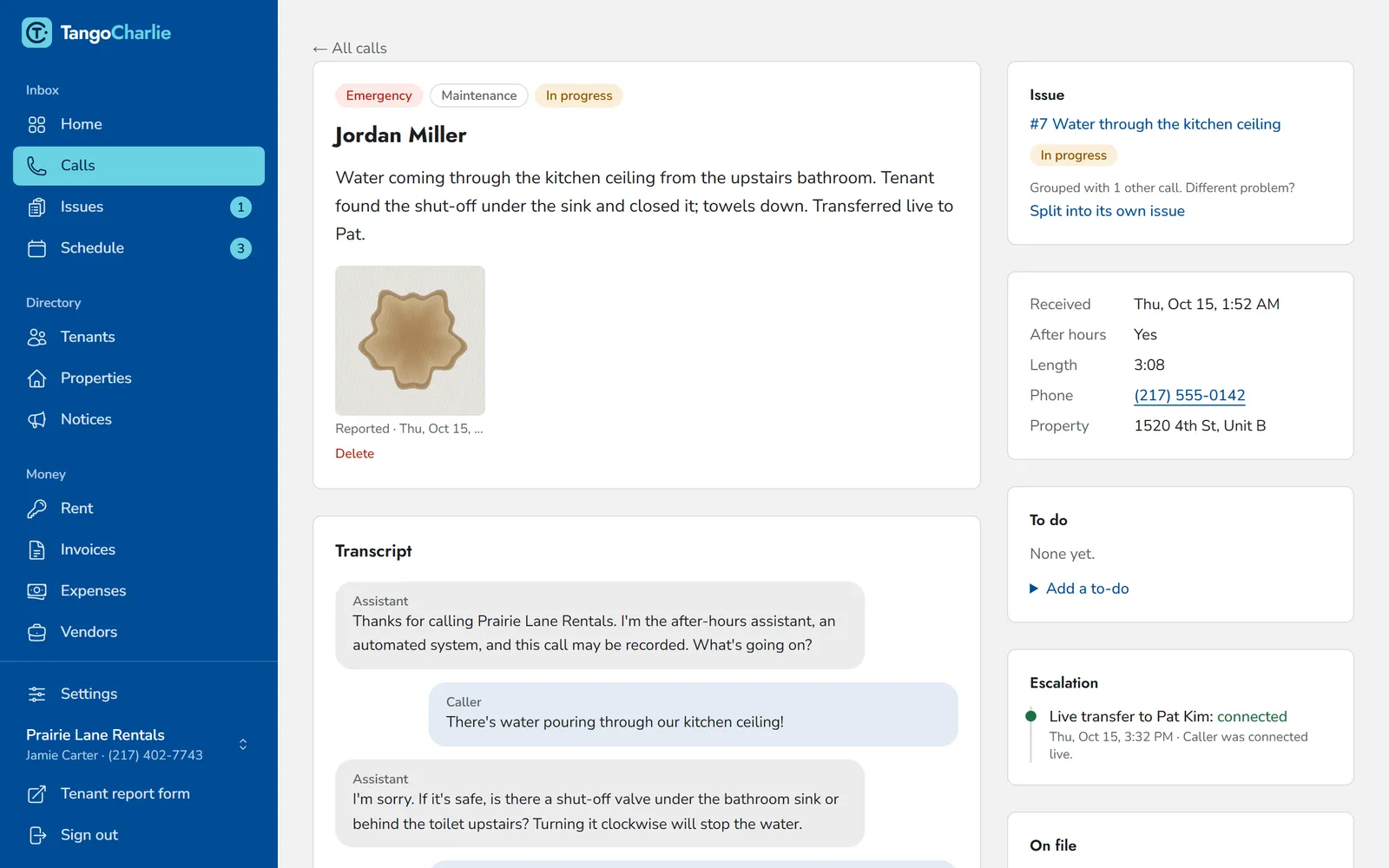 A call page: an emergency leak call with its summary, transcript, and a live transfer marked connected.