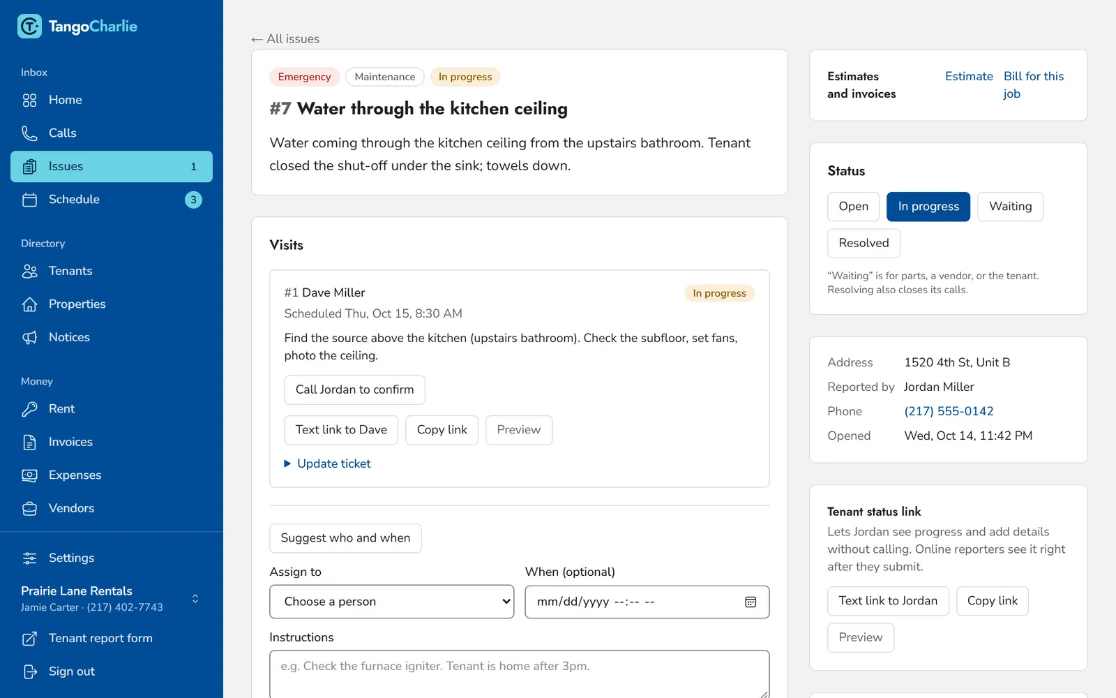 An issue page with a scheduled visit and buttons to call the tenant to confirm and text the link to the worker.