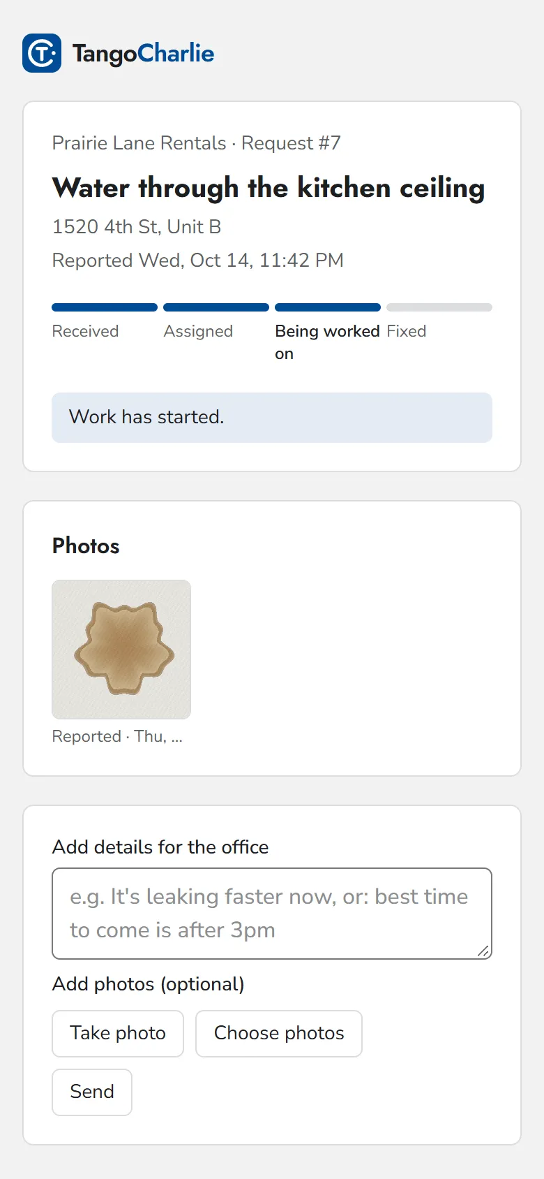 A tenant's phone showing their request's progress, from received to being worked on.