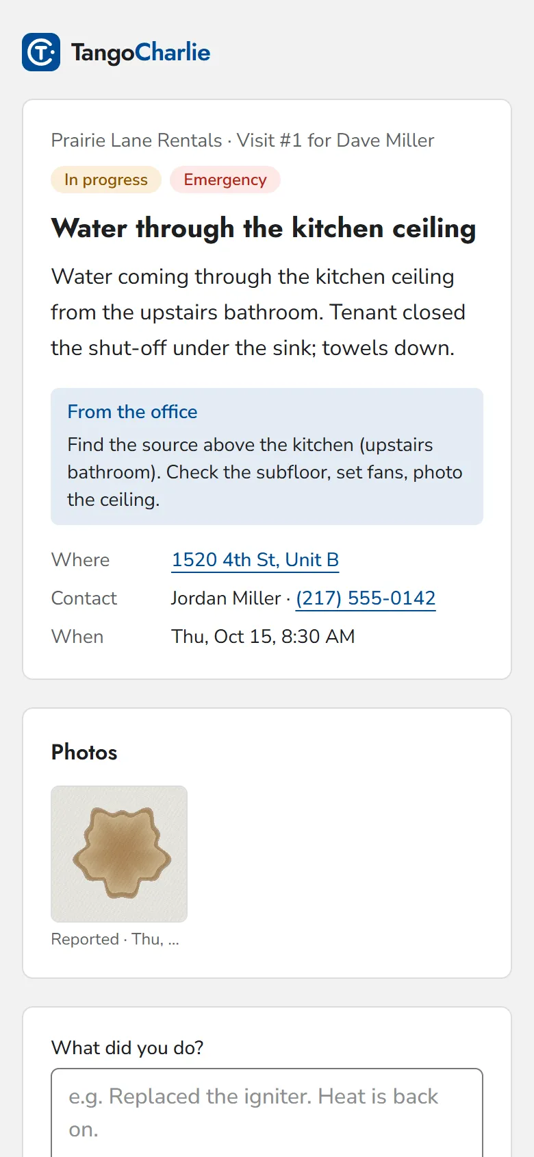 A worker's phone showing the visit: address, contact, time, and instructions from the office.
